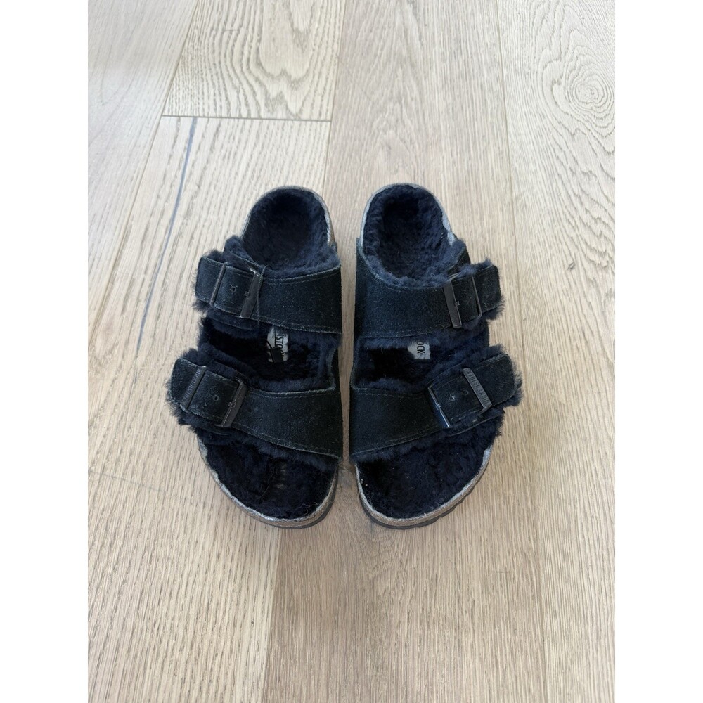 Birkenstock Arizona Black Suede Shearling Sandals Women’s Shoes 36 5 6 Buckle - Picture 2 of 6